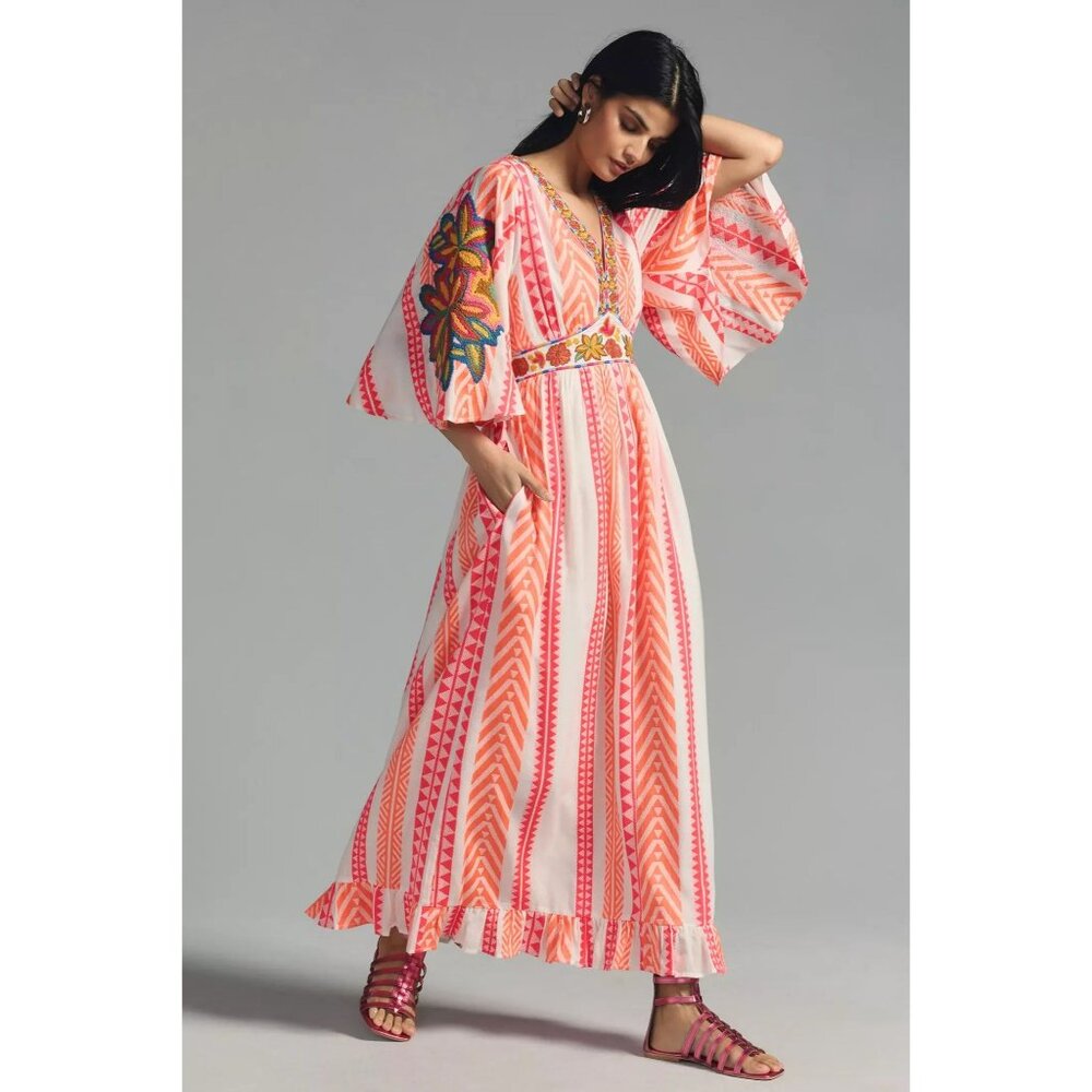 Farm Rio Anthropologie Embroidered Boho Maxi Dress V-Neck Flowy Fit Size Small